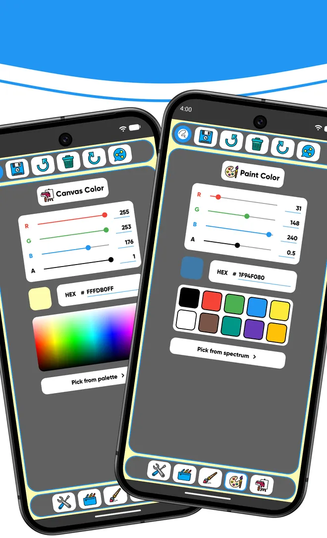 The canvas and paint color pickers, with RGBA sliders, hex input and a palette