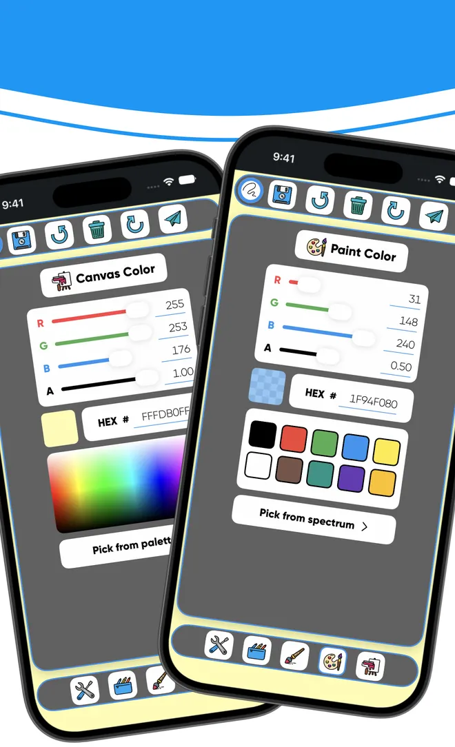 The canvas and paint color pickers, with RGBA sliders, hex input and a palette
